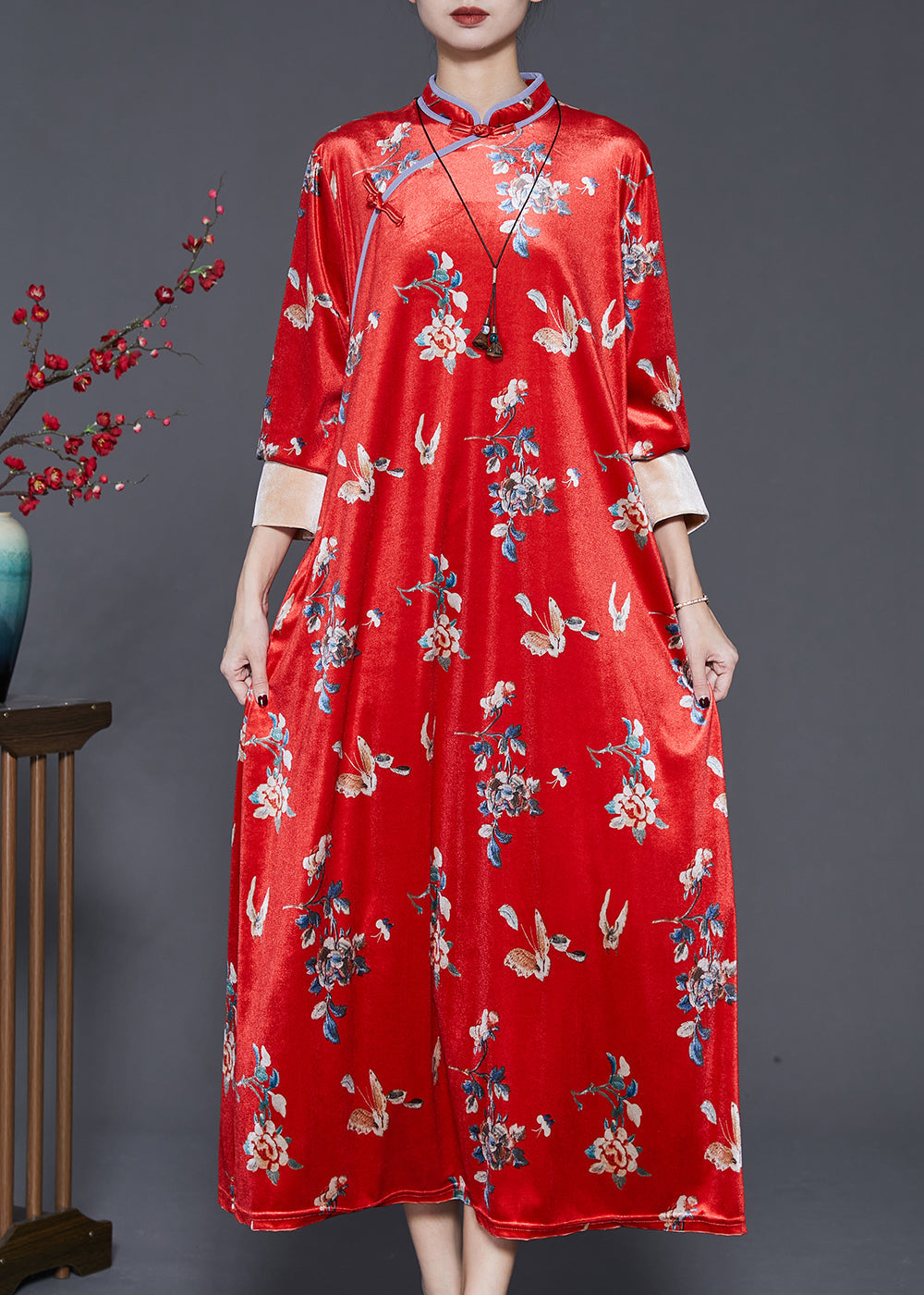 Mulberry Print Silk Velour Chinese Style Dresses Spring