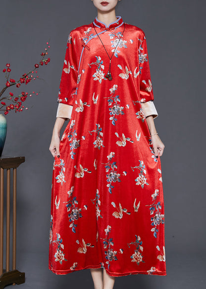 Mulberry Print Silk Velour Chinese Style Dresses Spring