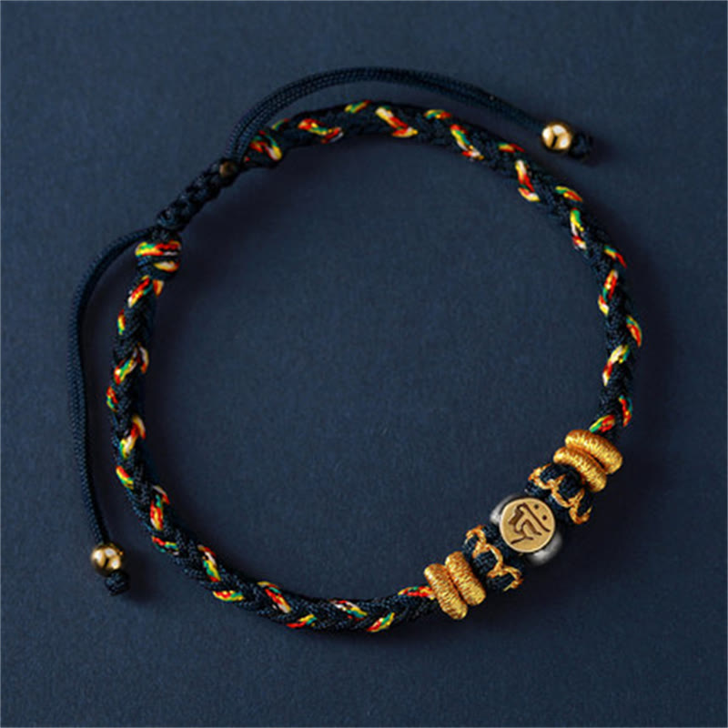 Buddha Stones Chinese Zodiac Natal Buddha Silver Luck Braided String Bracelet