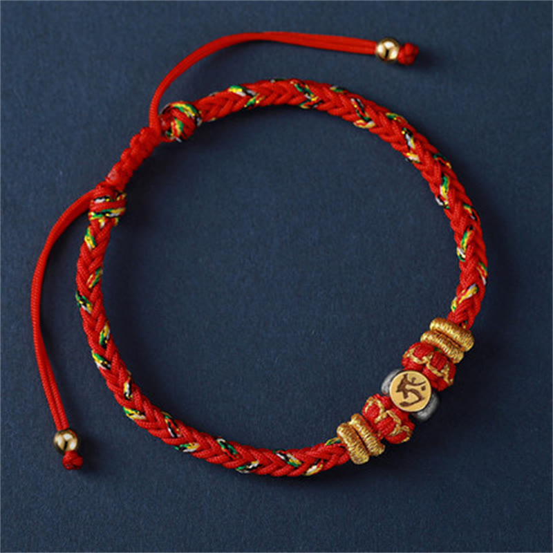 Buddha Stones Chinese Zodiac Natal Buddha Silver Luck Braided String Bracelet