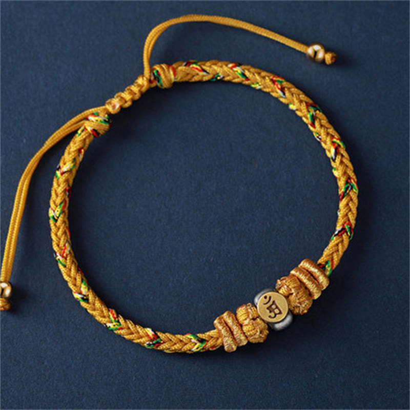 Buddha Stones Chinese Zodiac Natal Buddha Silver Luck Braided String Bracelet