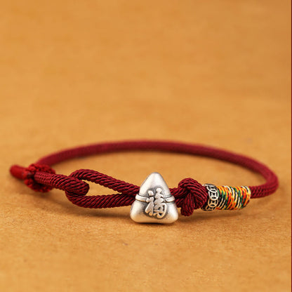 Buddha Stones 999 Sterling Silver Fu Character Zongzi Fortune Luck Rope Bracelet