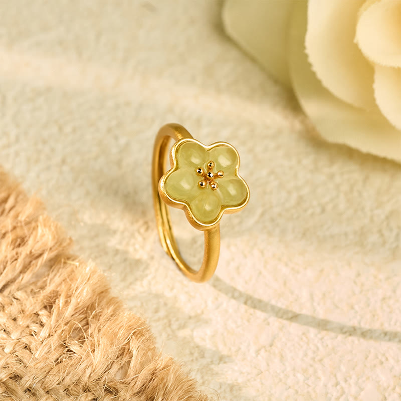 Buddha Stones Plum Blossom Hetian Jade Copper Luck Ring