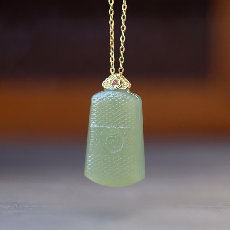 Buddha Stones Hetian Jade 925 Sterling Silver Om Symbol Prosperity Necklace Pendant