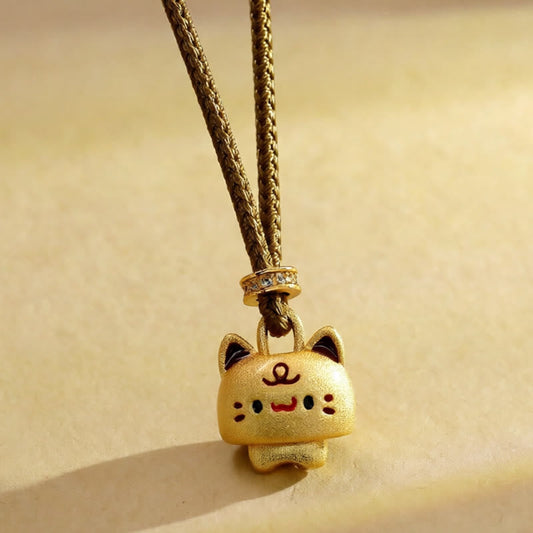 Buddha Stones Cat Copper Plated Gold Adjustable Braided Rope Protection Necklace Pendant