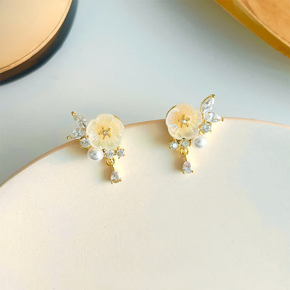 Buddha Stones White Rose Flower Zircon Copper Luck Clip-on Stud Earrings
