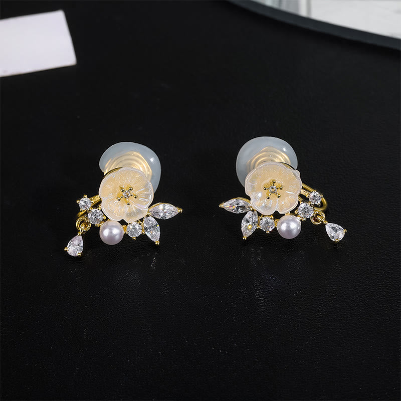 Buddha Stones White Rose Flower Zircon Copper Luck Clip-on Stud Earrings