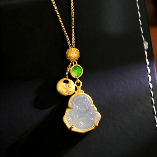 Buddha Stones Fu Character Laughing Buddha Chalcedony Copper Fortune Necklace Pendant