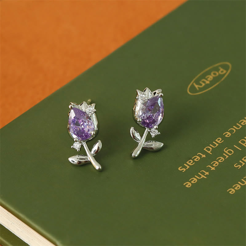 Buddha Stones Pink Purple Tulip Zircon Copper Healing Stud Earrings