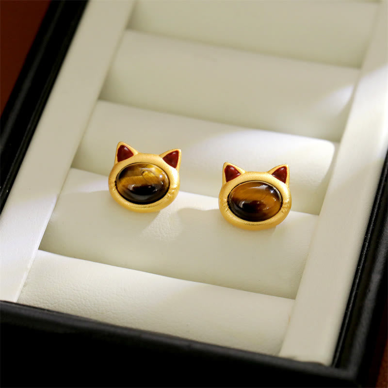 Buddha Stones Turquoise Tiger Eye Cat Head Design Copper Protection Stud Earrings