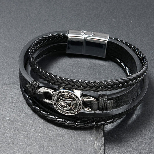Buddha Stones Om Round Engraved Multilayered Braided Retro Leather Bracelet
