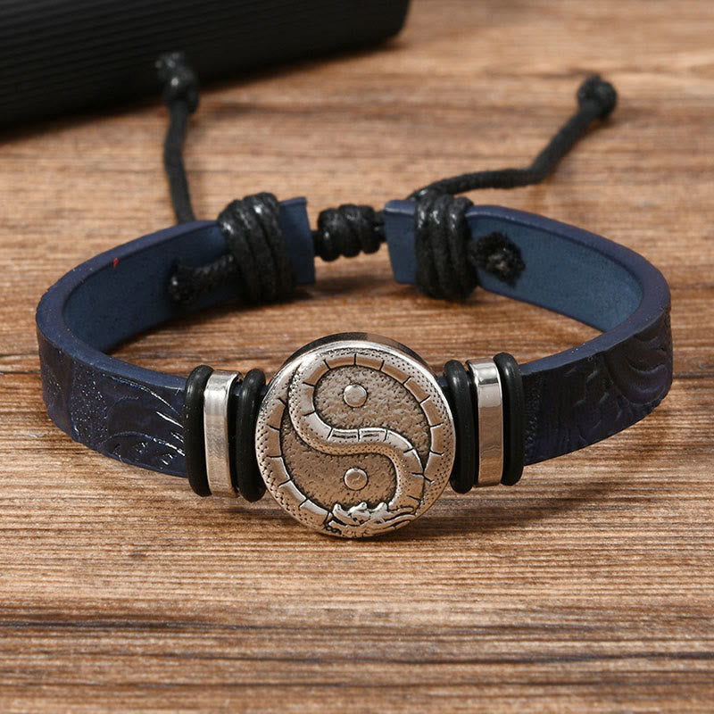 Buddha Stones Round Engraved Yin Yang Dragon Leather Balance Bracelet