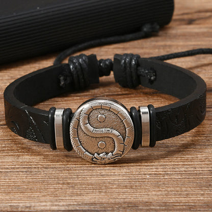 Buddha Stones Round Engraved Yin Yang Dragon Leather Balance Bracelet