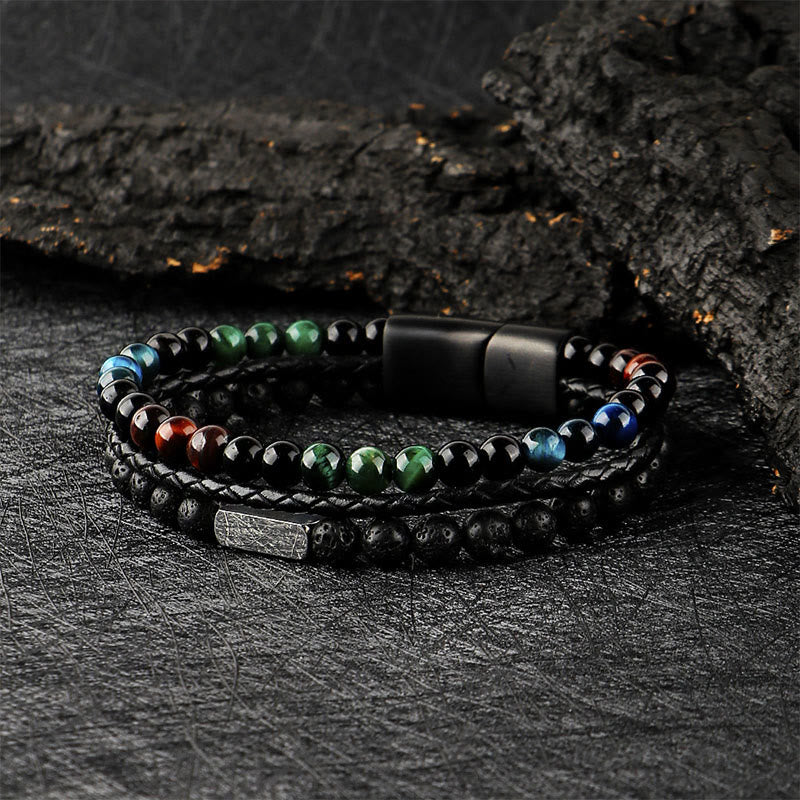Buddha Stones Tiger Eye Lava Rock Bead Braided Strength Leather Bracelet