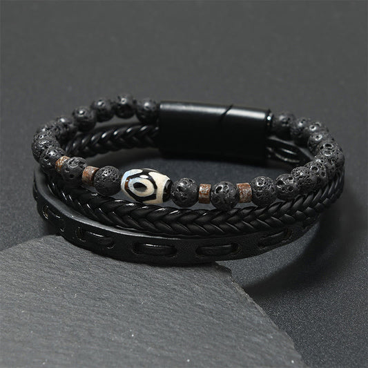 Buddha Stones Dzi Bead Lava Rock Multilayered Braided Leather Wealth Bracelet