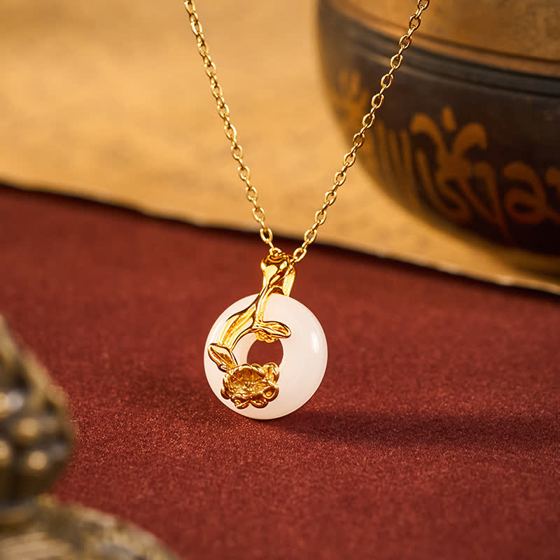 Buddha Stones 925 Sterling Silver Peony Peace Buckle Hetian White Jade Blessing Necklace Pendant
