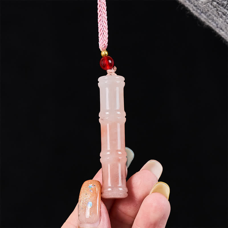 Buddha Stones Craved Bamboo Natural Pink Quartzite Jade Protection Necklace Pendant