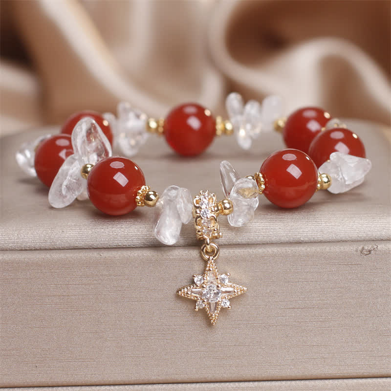 Buddha Stones Natural Red Agate Clear Quartz Hexagram Charm Confidence Bracelet