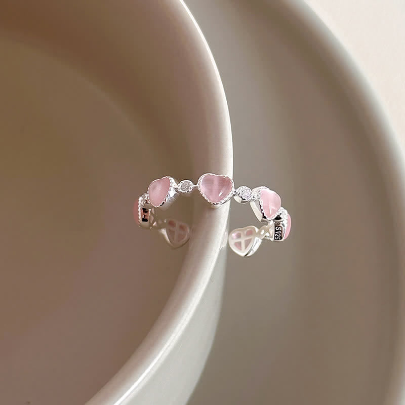 Buddha Stones 925 Sterling Silver Pink Cat's Eye Heart Design Adjustable Love Ring