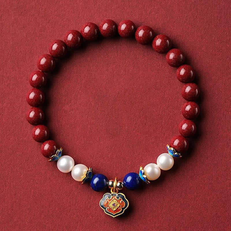Buddha Stones Cinnabar Lapis Lazuli Chinese Lock Charm Blessing Bracelet