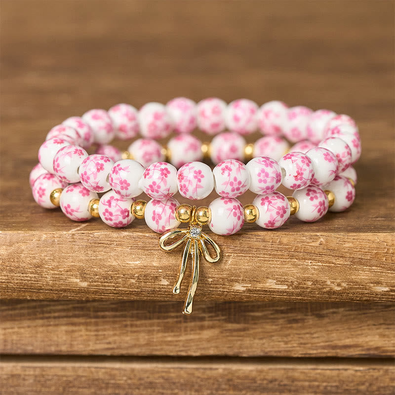 Buddha Stones Blue and White Pink Porcelain Beaded Bowknot Beaded Inner Peace Bracelet