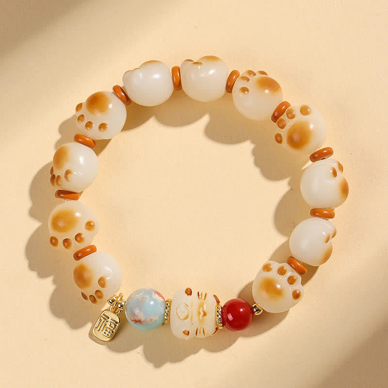 Buddha Stones Natural Bodhi Seed Fu Character Cat Paw Design Luck Bracelet