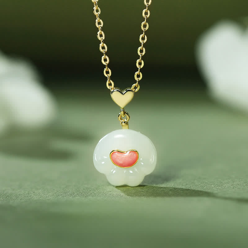 Buddha Stones Natural Hetian Jade Cat Paw 925 Sterling Silver Luck Necklace