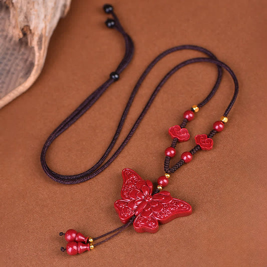 Buddha Stones Cinnabar Butterfly Freedom Rope Necklace
