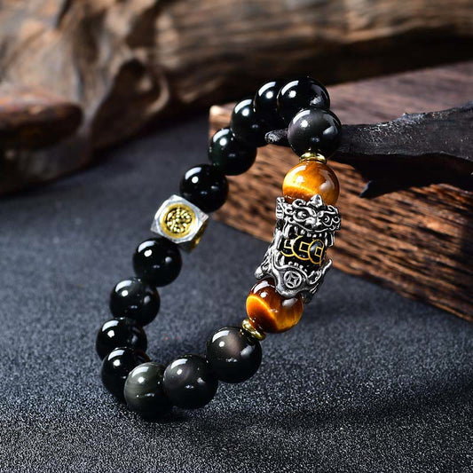 Buddha Stones Natural Black Obsidian Pixiu Tiger's Eye Transformation Bracelet