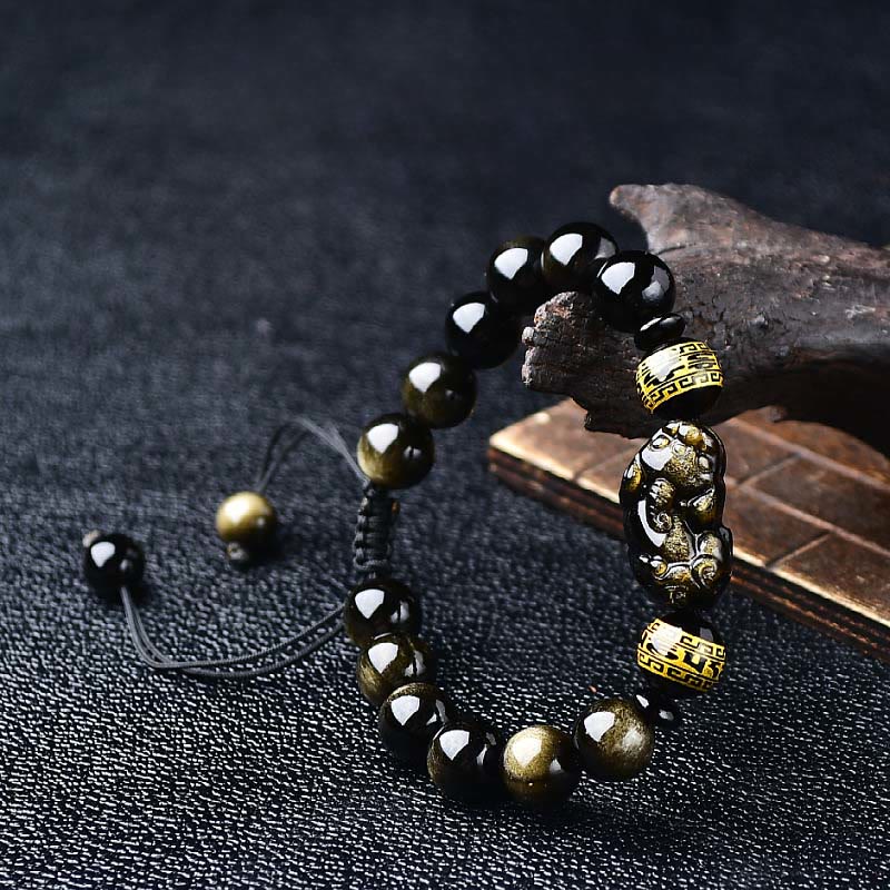 Buddha Stones Natural Gold Sheen Obsidian Pixiu Om Mani Padme Hum Protection Rope Bracelet