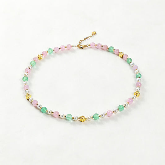 Buddha Stones Natural Rose Quartz Green Strawberry Quartz Pearl Bead Peace Necklace