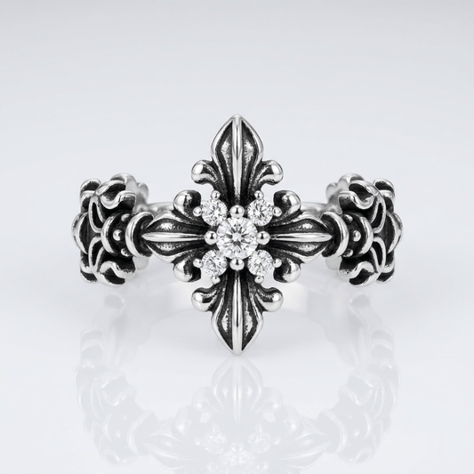 Retro Zircon Royalty Cross Ring - (adjustable)