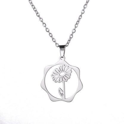 Buddha Stones Titanium Steel Birth Flower Lotus Enlightenment Pendant Necklace