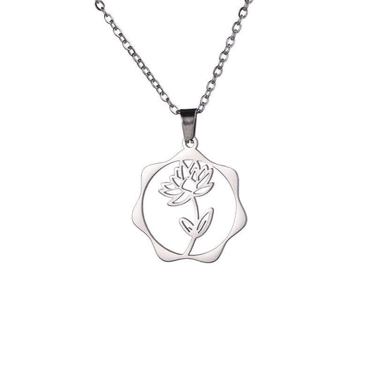 Buddha Stones Titanium Steel Birth Flower Lotus Enlightenment Pendant Necklace