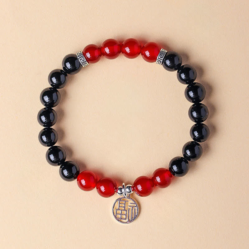 Buddha Stones Black Onyx Fu Character Beaded Luck Bracelet