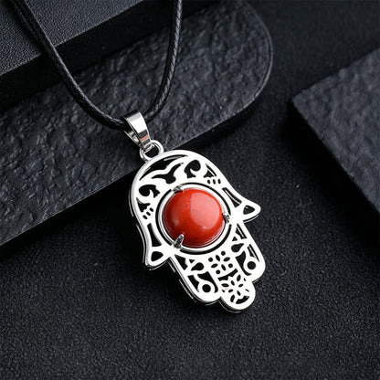 Buddha Stones Natural Black Obsidian Hamsa Palm Inlay Crystal Strength Necklace
