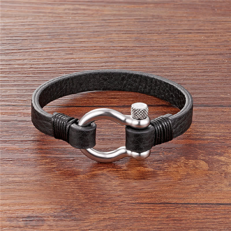 Buddha Stones Leather Titanium Steel Shackle Strength Bracelet