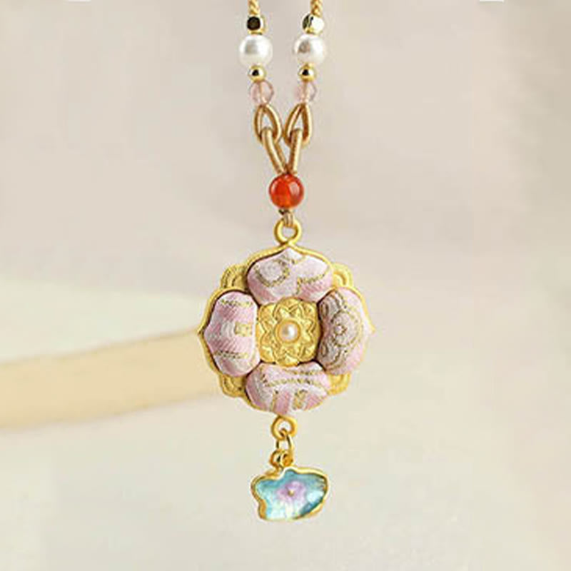 Buddha Stones Song Brocade Four-leaf Clover Luck Necklace