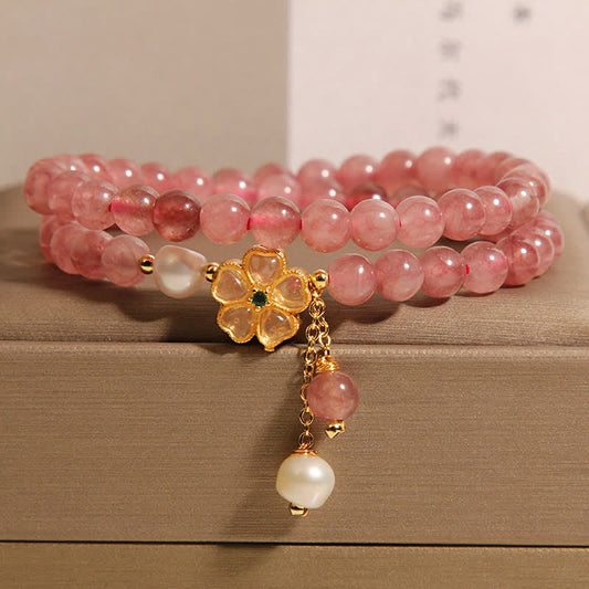 Buddha Stones Strawberry Quartz Pearl Clover Love Double Wrap Bracelet