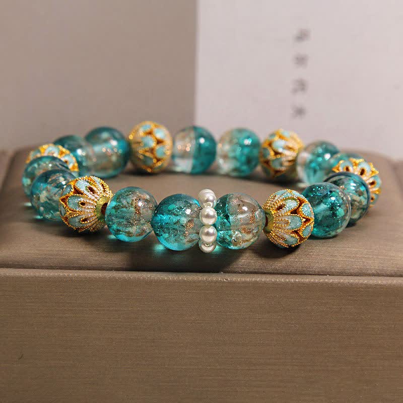 Buddha Stones Liuli Glass Bead Gold Leaf Cloisonné Purity New Chinese Round Bracelet