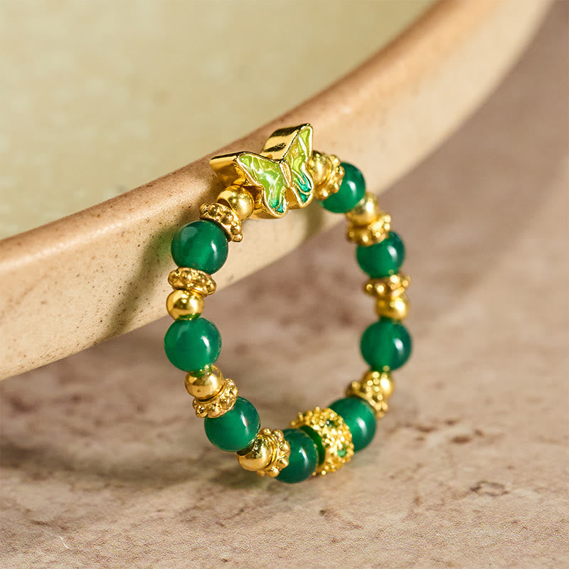 Buddha Stones Natural Green Agate Bead Copper Butterfly Renewal Ring