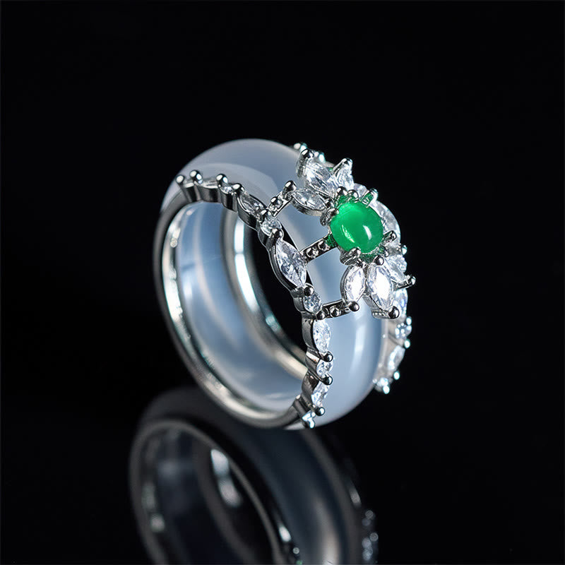 Buddha Stones Chalcedony Flower Green Zircon Positive Ring