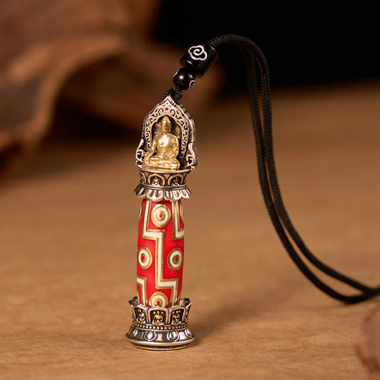Buddha Stones Copper Nine-eye Dzi Bead Pattern Protection Tibetan Charm Necklace Pendant