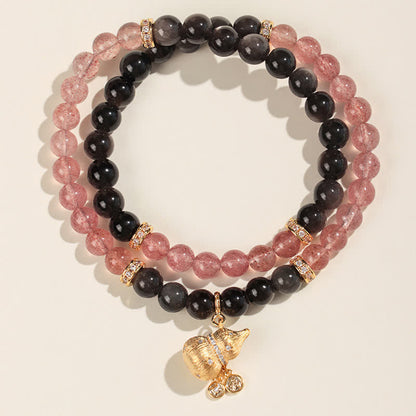 Buddha Stones Strawberry Quartz Gold-wire Gourd Love Blessing Wrap Bracelet