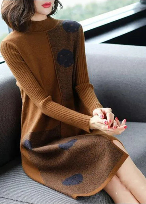 Chocolate High Neck Asymmetrical Design Knit Sweater Dress Long Sleeve
