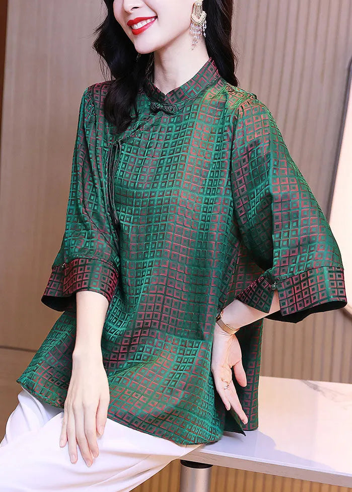 Green Stand Collar Oriental Button Plaid Jacquard Silk Shirt Tops Bracelet Sleeve