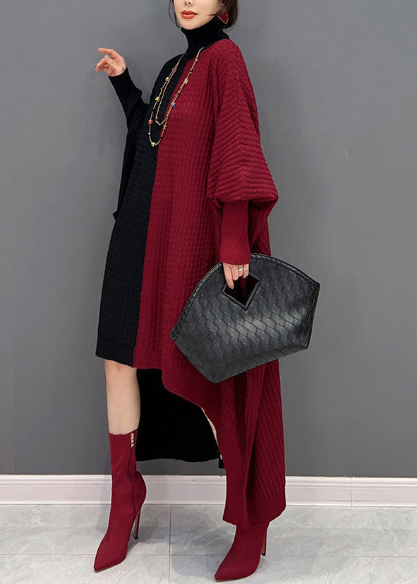 Red Black Hign Neck Asymmetrical Patchwork Knit Dresses Batwing Sleeve
