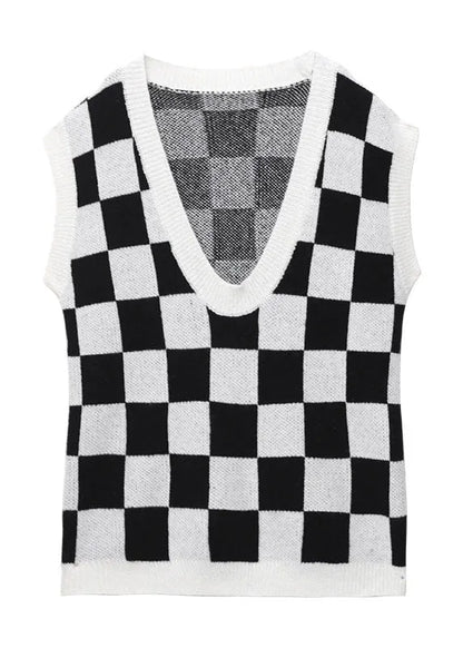White Plaid V Neck Fall Knit Vest