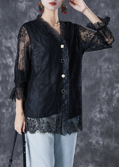 Black V Neck Patchwork Lace Shirt Fall