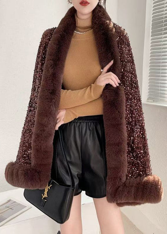 Coffee V Neck Sequins Patchwork Warm Fleece Coat Batwing Sleeve